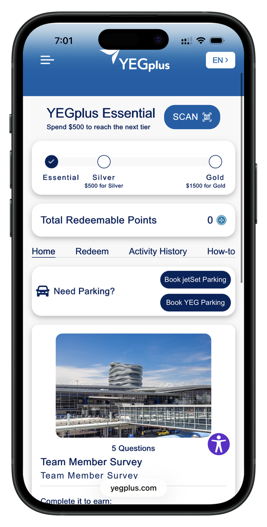 YEGplus app home screen showing tier progress from Essential to Silver to Gold, redeemable points, a scan button, and parking booking