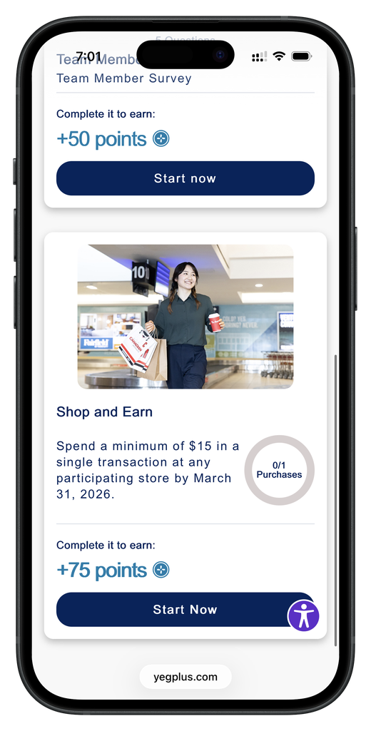 YEGplus earning screen showing a team member survey worth points and a shop-and-earn challenge with a progress ring