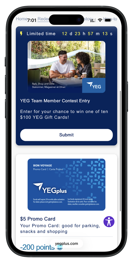YEGplus rewards screen showing a limited-time contest with a countdown and a redeemable promo card for parking, snacks, and shopping